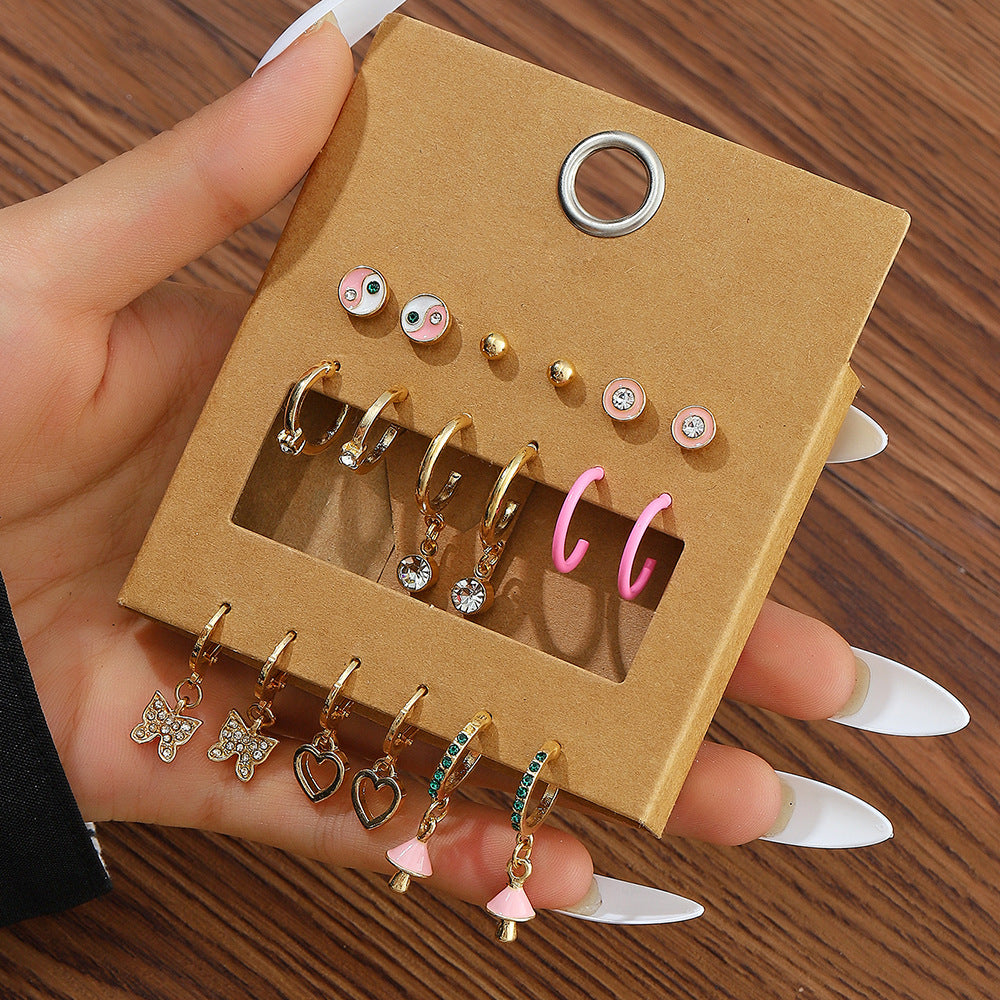 Geometric Butterfly Alloy Drip Oil Rhinestone C-Hoop Earrings Set