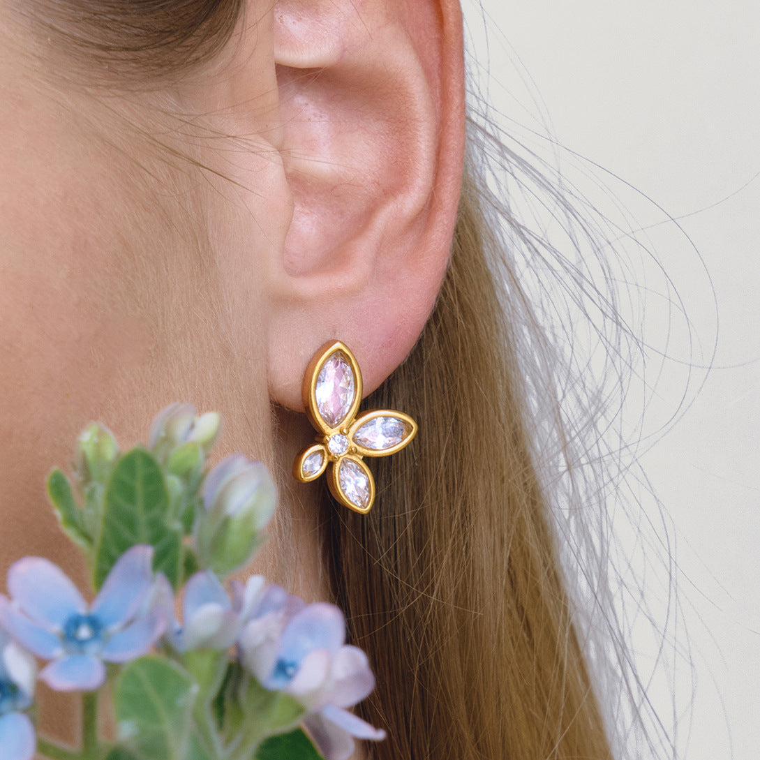 Orecchini a perno eleganti floreali geometrici con zirconi cubici in acciaio inossidabile PVD