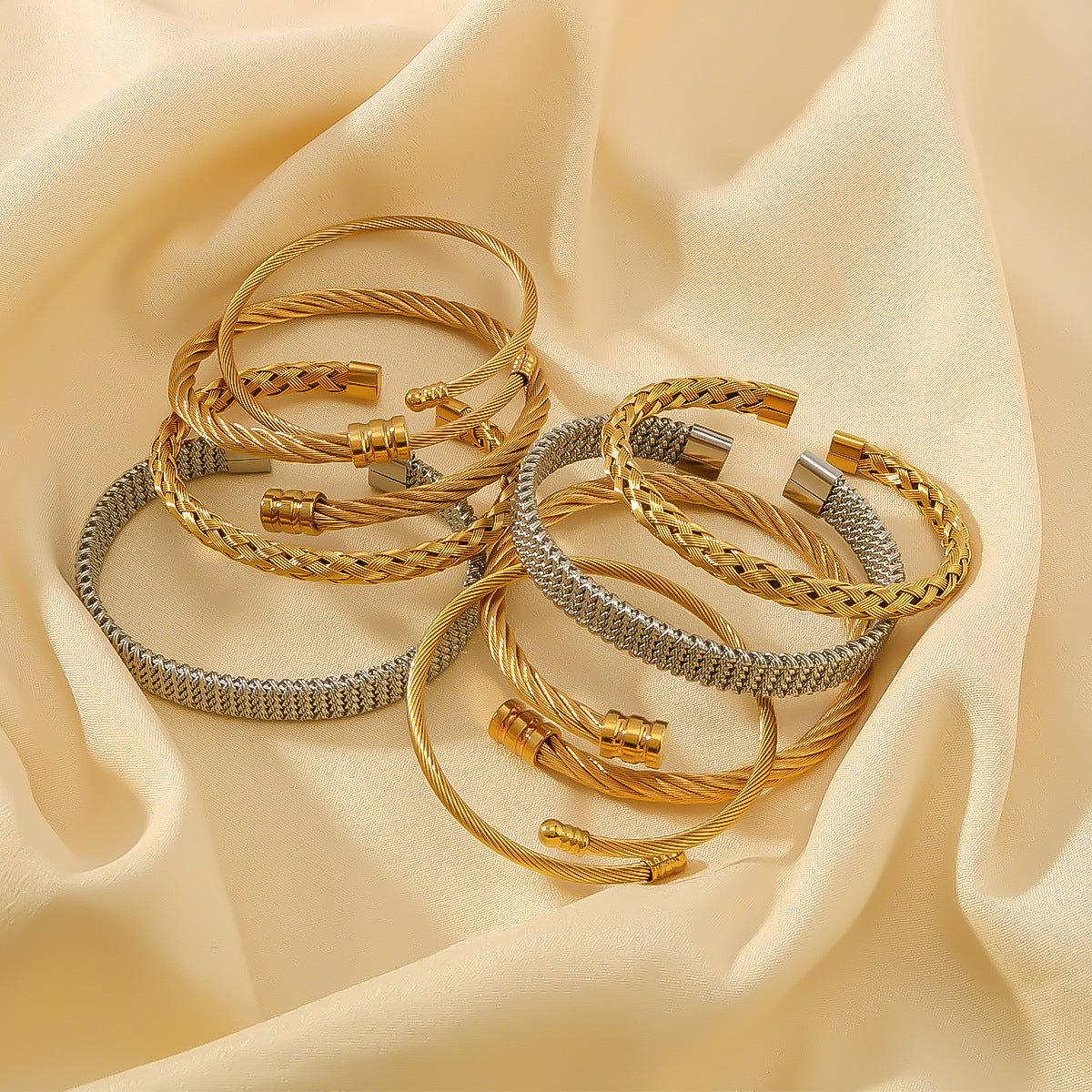 Minimalist Geometric Textured Titanium Steel Bracelet with 18K Vacuum Gold Plating for Women