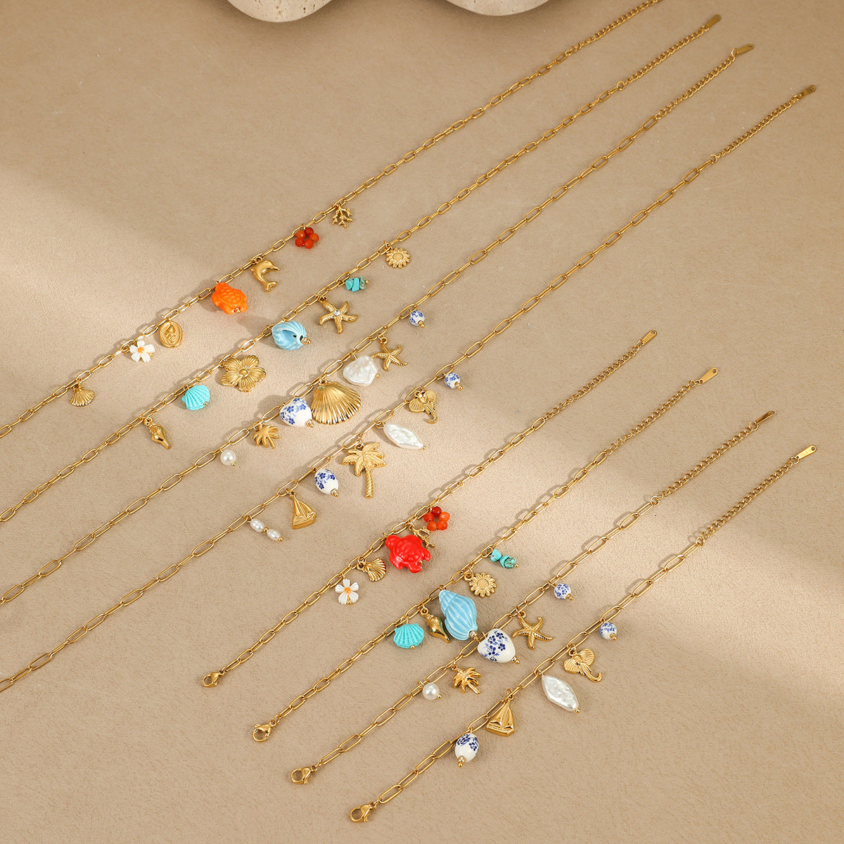 Fashionable Ocean-Themed Necklace with Starfish and Seashell Pendant, Geometric Design, Stainless Steel, Electroplated Finish, for Women