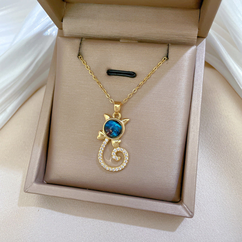 Sweet Elegant Cat Starry Sky Rhinestone Pendant Titanium Steel Cable Chain Necklace