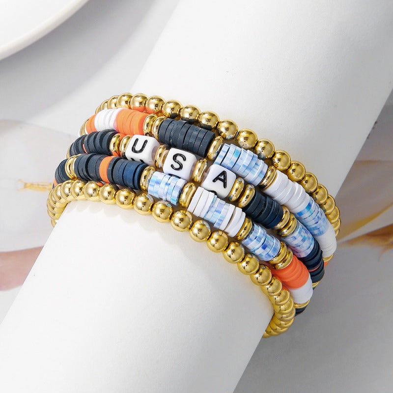 Set di braccialetti con perline acriliche tonde con lettere, unisex, stile USA