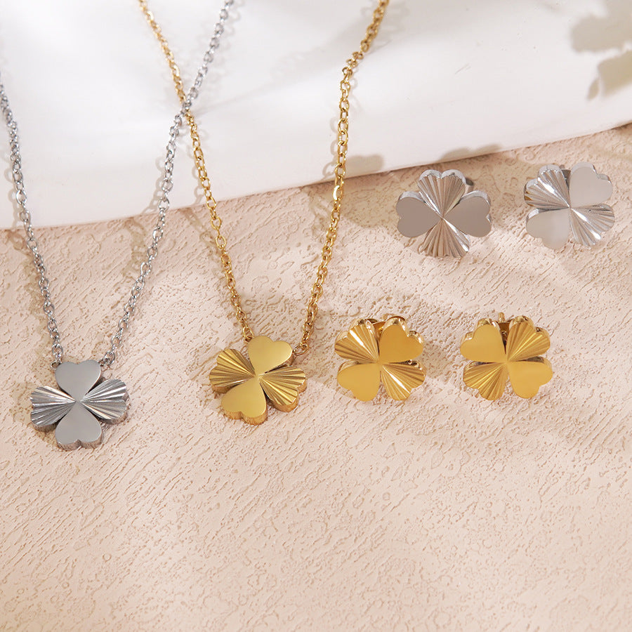 Vintage Plated Stainless Steel Plant Shape Floral Necklace and Earring Set with Cable Chain for Women