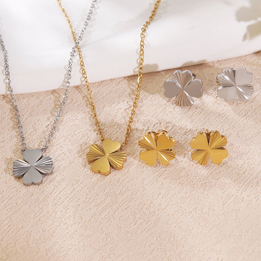 Vintage Plated Stainless Steel Plant Shape Floral Necklace and Earring Set with Cable Chain for Women