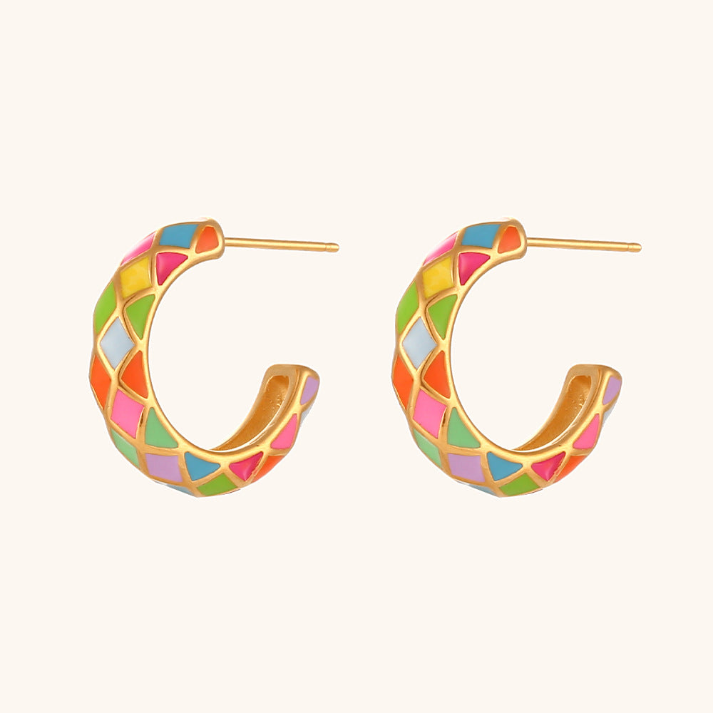 Pendientes de acero inoxidable con diseño geométrico de esmalte, baño de oro de 18 quilates y rueda en colores caramelo para mujer