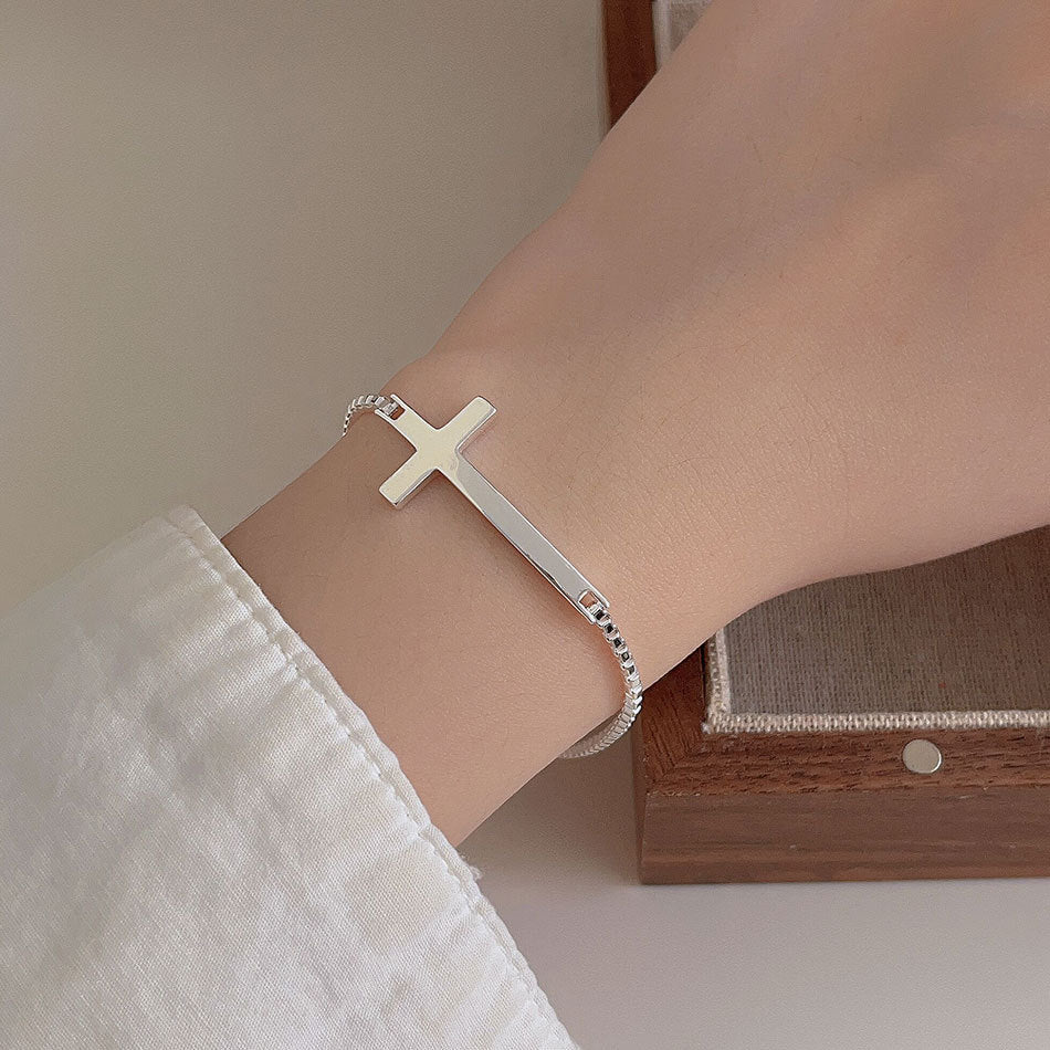 Vintage S925 Sterling Silver Geometric Cross Beaded Box Chain Bracelet