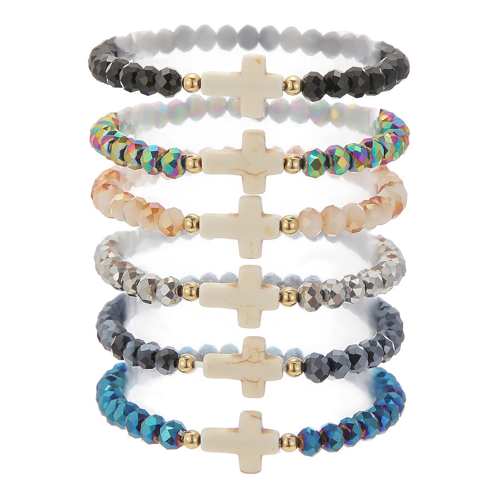 Bohemian Sweet Geometric Cross Crystal Turquoise Handmade Beaded Bracelet Set for Women