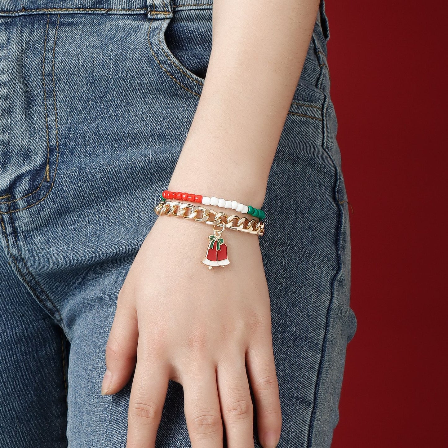 Minimalist Geometric Two-Tier Bracelet for Women with Alloy Base and Plated Finish Featuring Christmas Hat Motif and Color-Block Miyu Beads
