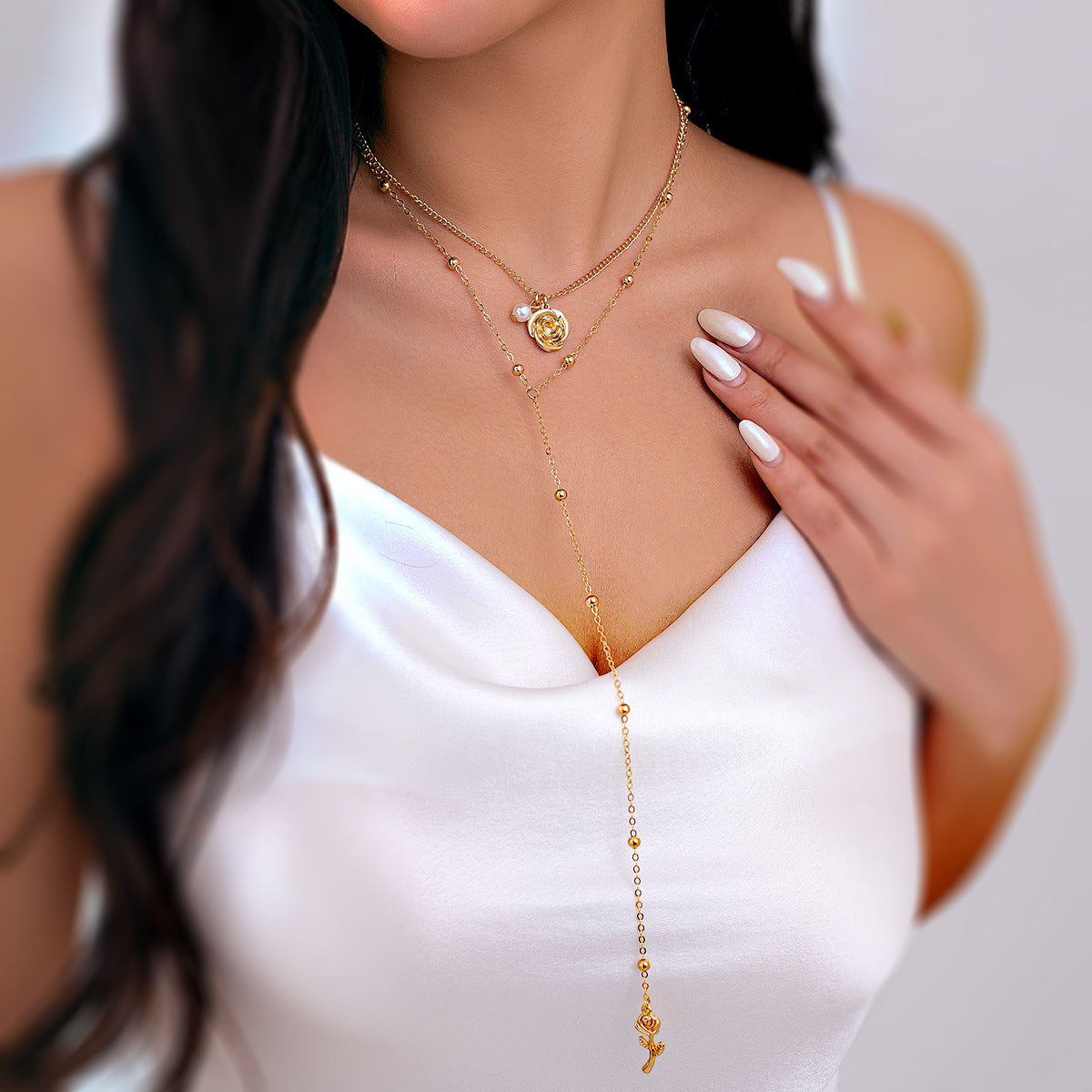 Minimalist Rose Y-Shaped Long Pearl-Style Pendant Necklace for Women with Gold-Plated Alloy and Imitation Pearl Accents on Ball Chain