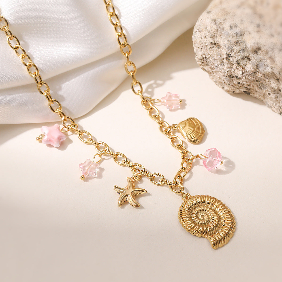 Minimalist Gold Plated Geometric Stainless Steel Shell Starfish Pendant Necklace for Women