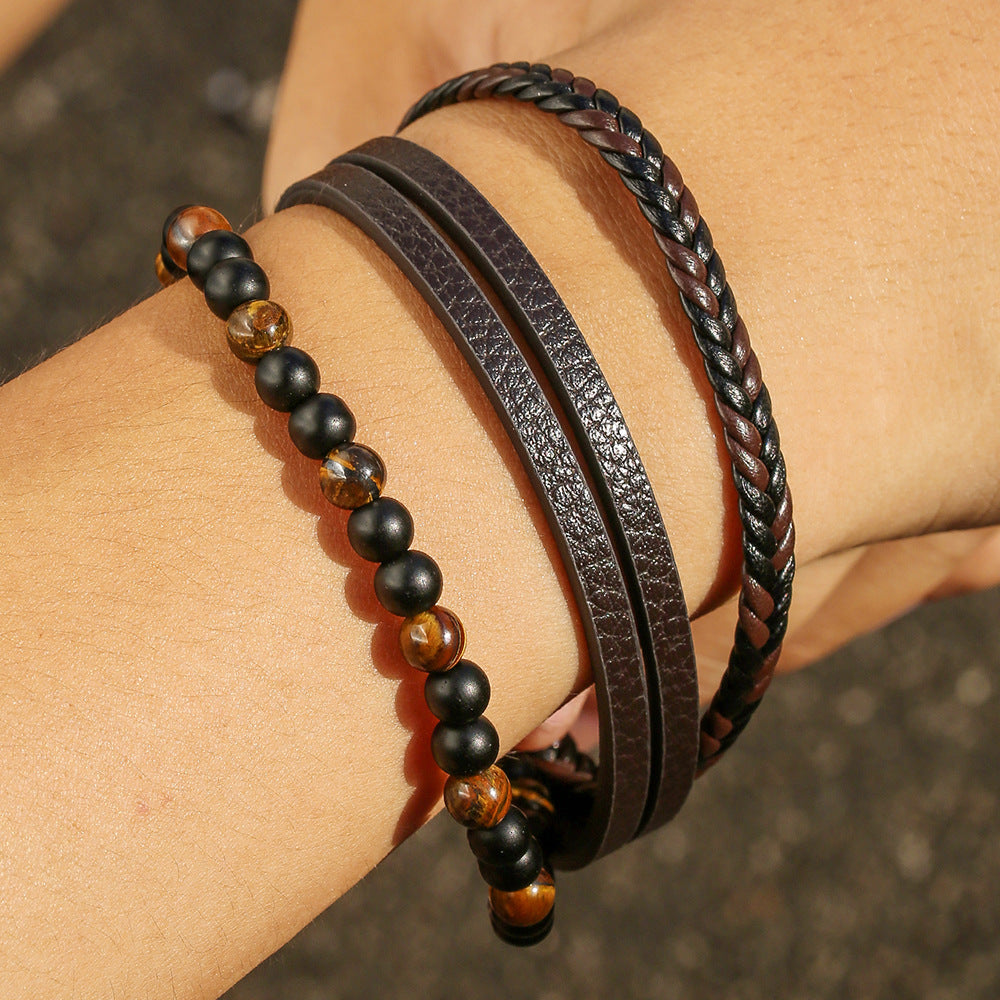 Men's Woven Leather Bracelet with Natural Black Agate and Tiger's Eye Beads Geometric Round Multi-layer Clasp