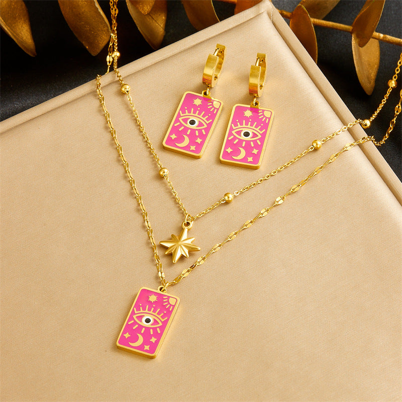 Vintage Square Dripping Oil Evil Eye Earrings and Necklace Set Star Moon Collar Chain Women's Jewelry