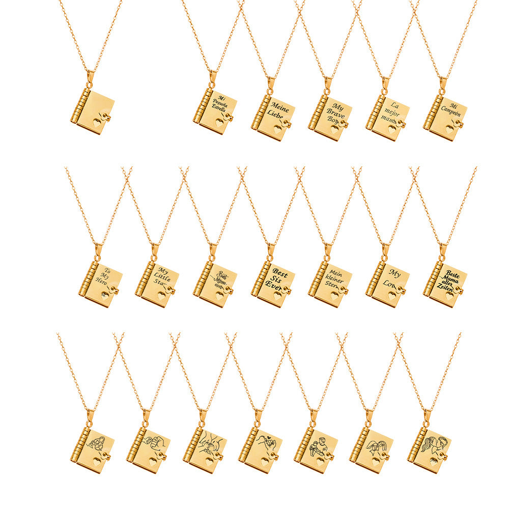 Minimalist 18K Gold Plated Geometric Book Pendant Stainless Steel Necklace for Women