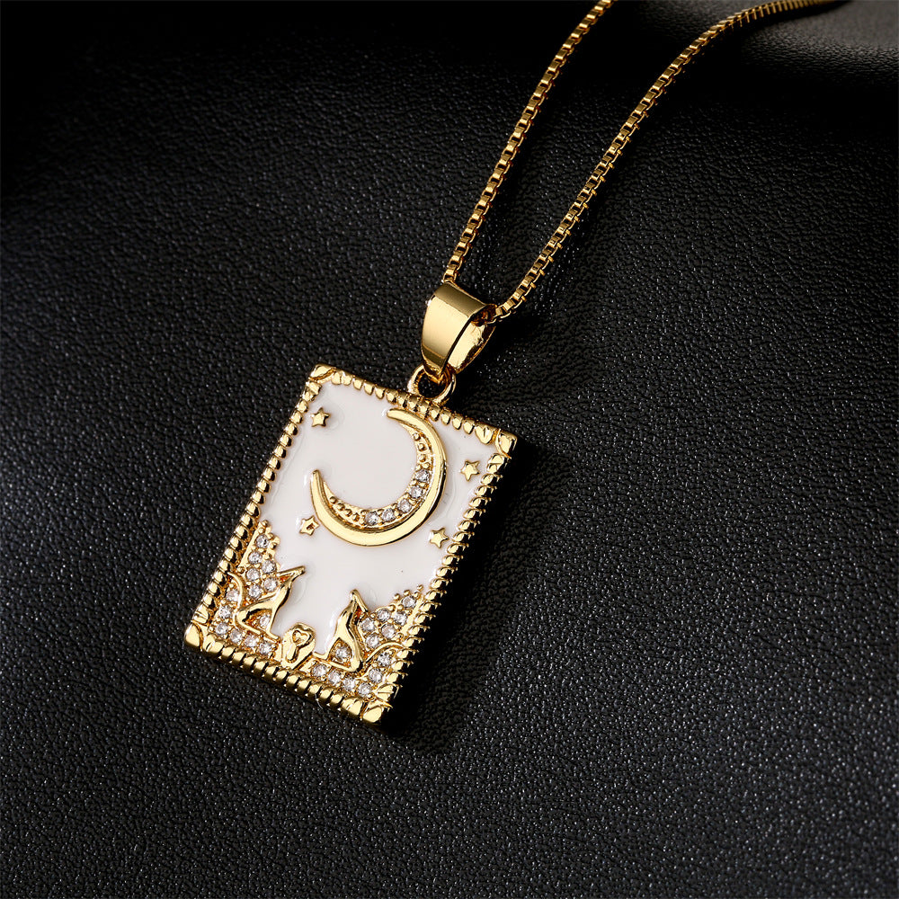 Retro-Style Geometric Oil-Dipped Zircon Oil Painting Pendant Necklace for Women in Copper with 18K Gold Plating