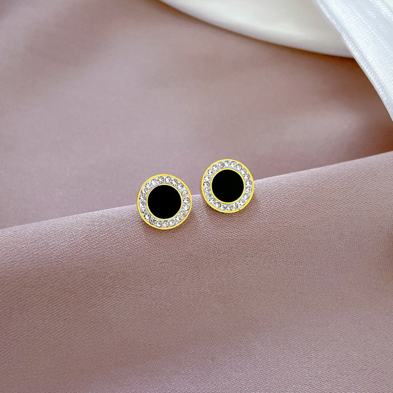 Pendientes de botón minimalistas de acero de titanio con diseño de concha de circonita para mujer, acabado galvanizado