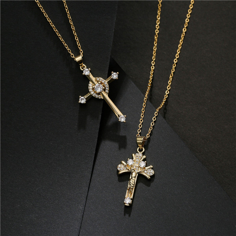 Gold Plated Brass Geometric Cubic Zirconia Inlay Pendant Necklace with Cable Chain