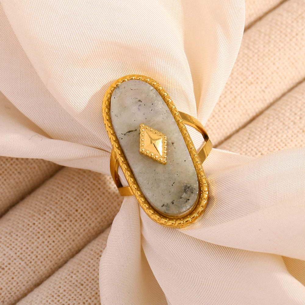Fashionable Oval White Jade Open Ring in Stainless Steel with 18K Gold Plating for Women