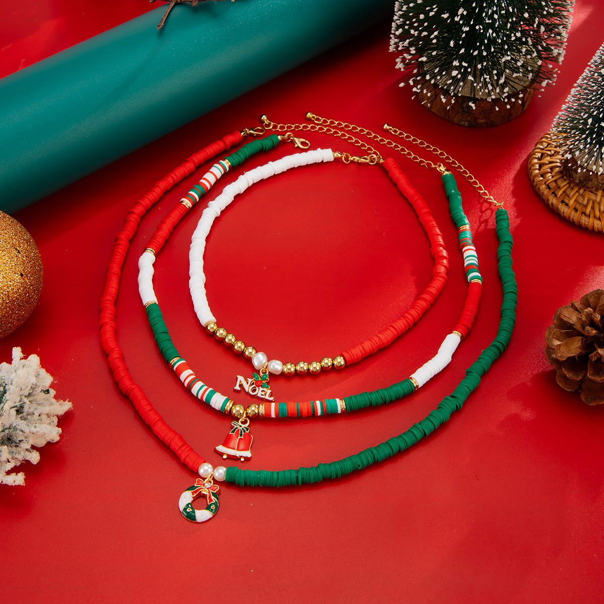 Minimalist Geometric Reindeer Bell Pendant Resin Beaded Alloy Necklace for Women
