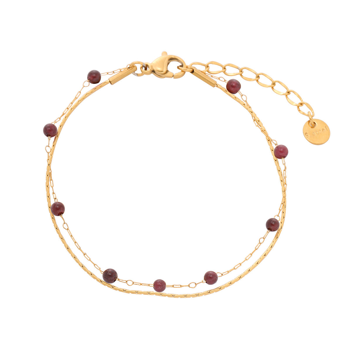 Bracciale doppio strato in acciaio al titanio con forme geometriche, stile OL alla moda, con perline di granato naturale e finitura placcata oro 18K per donna