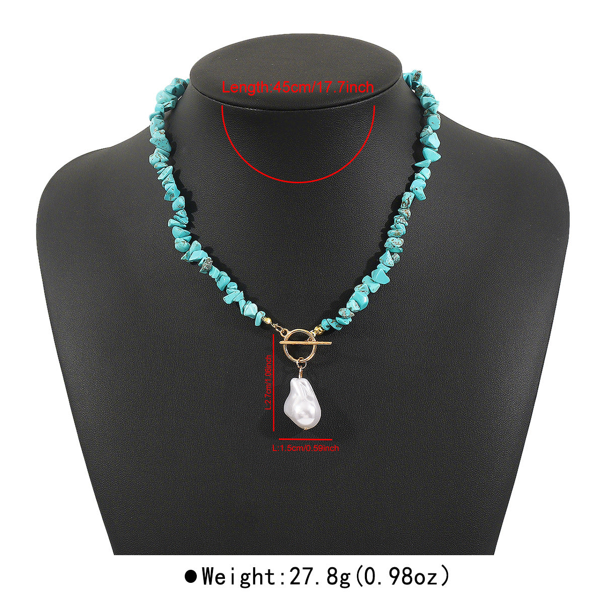 Collana pendente etnica vintage geometrica turchese e perle sintetiche con chiusura a ginocchietto