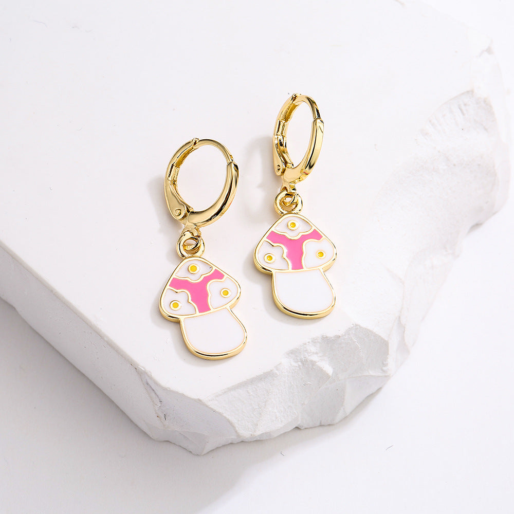 Minimalist Mushroom-Shaped Earrings for Women Made of Copper with Gold Plating and Enamel Finish