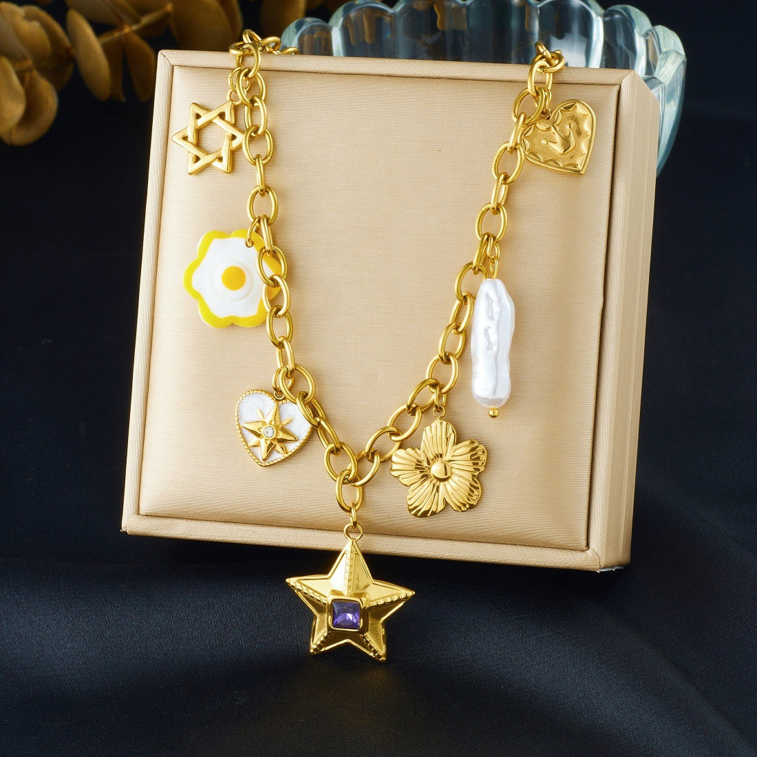 Chic Gold Plated Drip Oil Heart Floral Star Round Stainless Steel Pendant Necklace for Women