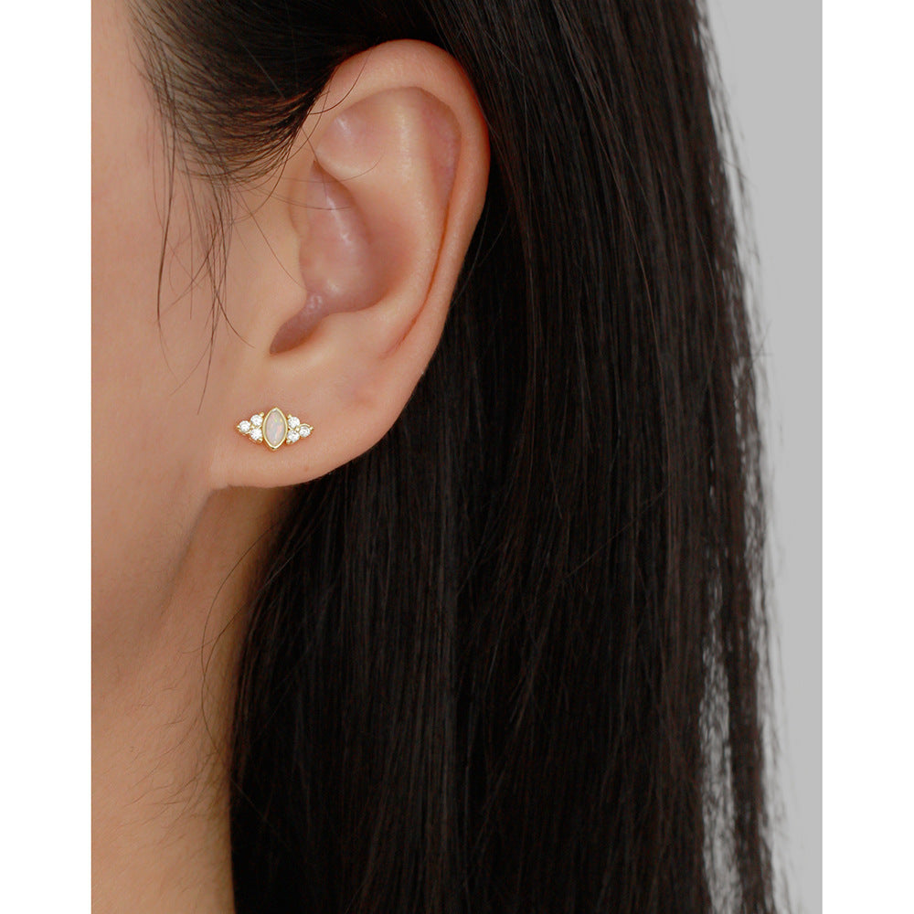 Elegant 925 Sterling Silver Geometric Round Opal Cubic Zirconia Plated Screw Back Ear Studs for Women