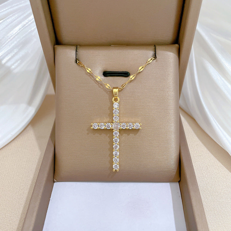 Minimalist Titanium Steel Cross Pendant Necklace with Zircon Inlay Geometric Design for Clavicle Wear Unisex Fashion Jewelry