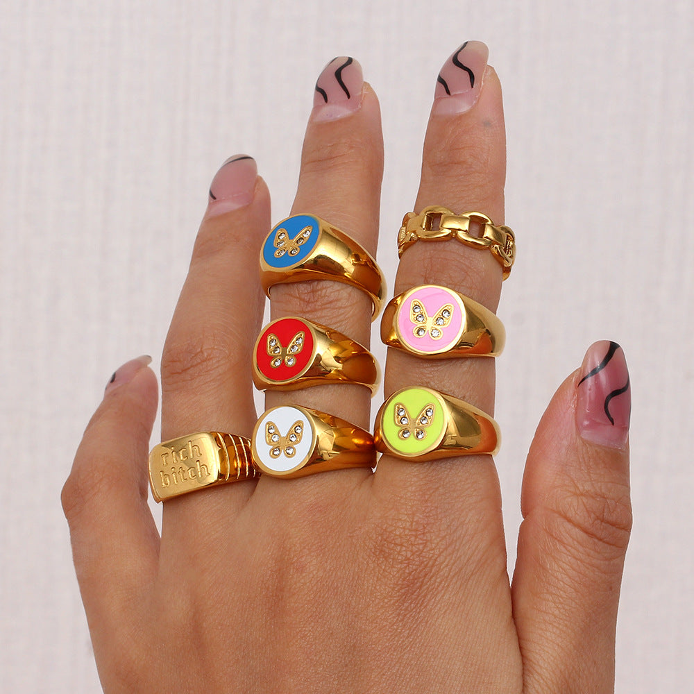Anillo Geométrico de Mariposa Esmaltado de Circones de Acero Inoxidable Chapado en Oro de 18K Estilo Vintage para Mujer