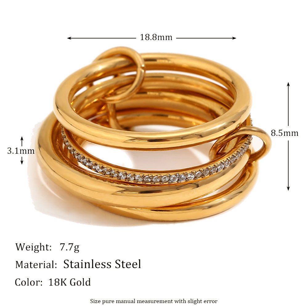 Anello in acciaio inossidabile geometrico creativo con placcatura in oro 18 carati e strass centrale da donna
