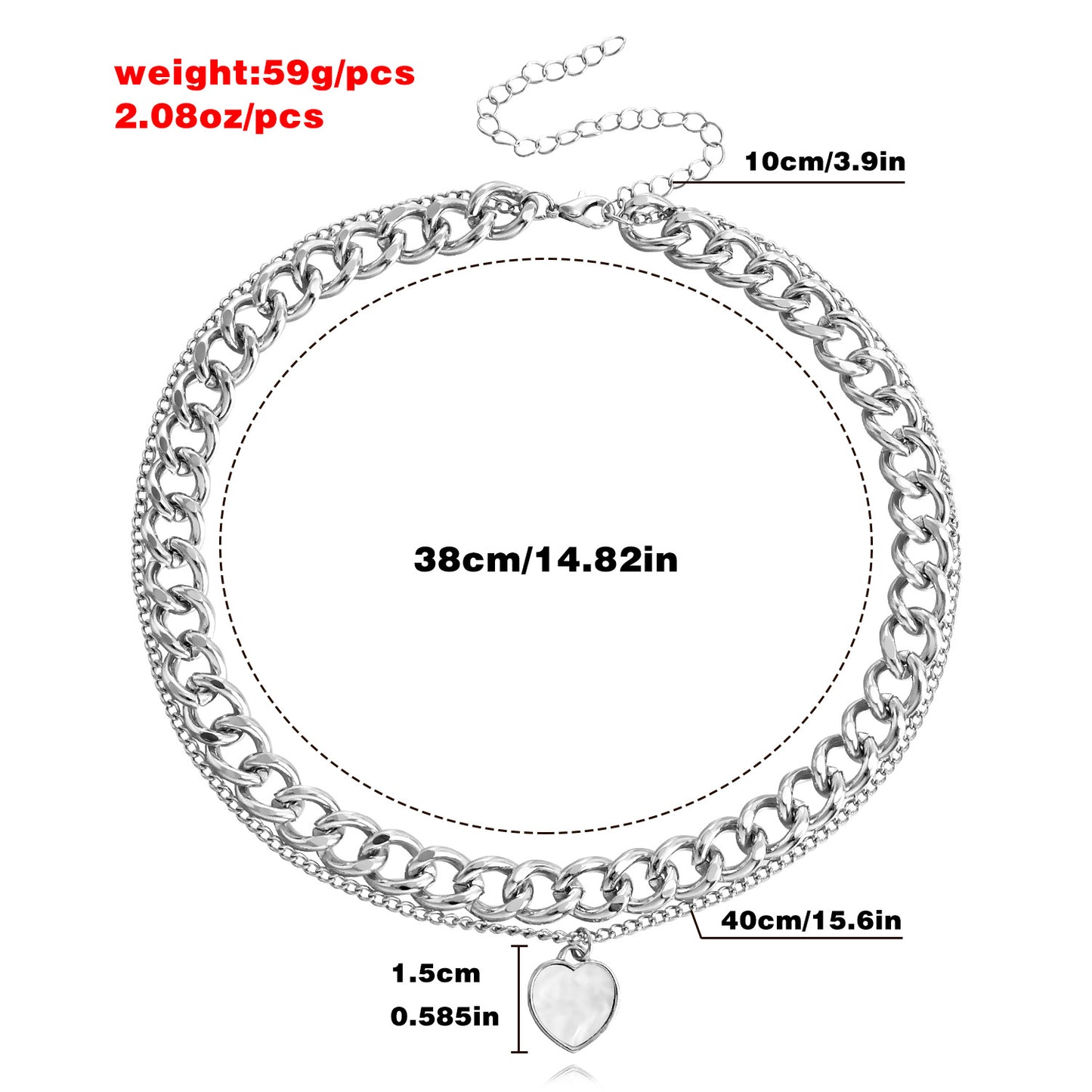 Collar Punk con Colgante de Corazón de Doble Capa de Nácar para Mujer en Aleación con Acabado Chapado Gargantilla y Cadena para Suéter