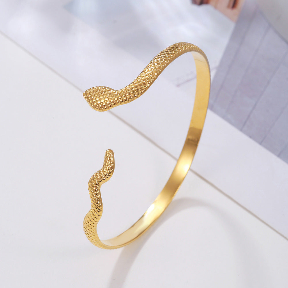 Ethnic Gold Plated Geometric Snake Pattern Checkered Titanium Steel Adjustable Cuff Bracelet for Women