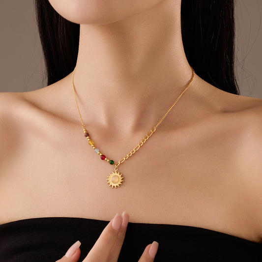 Retro French Sun-Shaped Pendant Necklace for Women in Stainless Steel with Gold Plating, Minimalist Locket Chain Jewelry