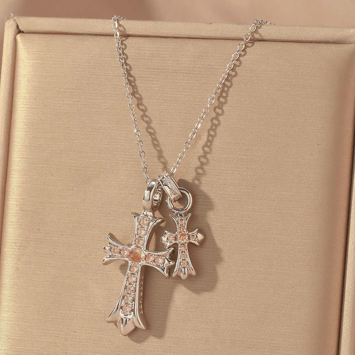 Luxury Sweet Double Cross Pendant Plated Titanium Steel Necklace with Curb Chain for Women