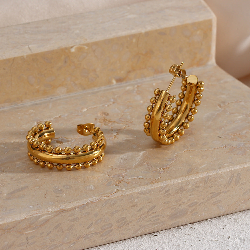 Orecchini a cerchio da donna in acciaio inossidabile placcati oro 18 carati stile bohémien con design geometrico di perline e pizzo