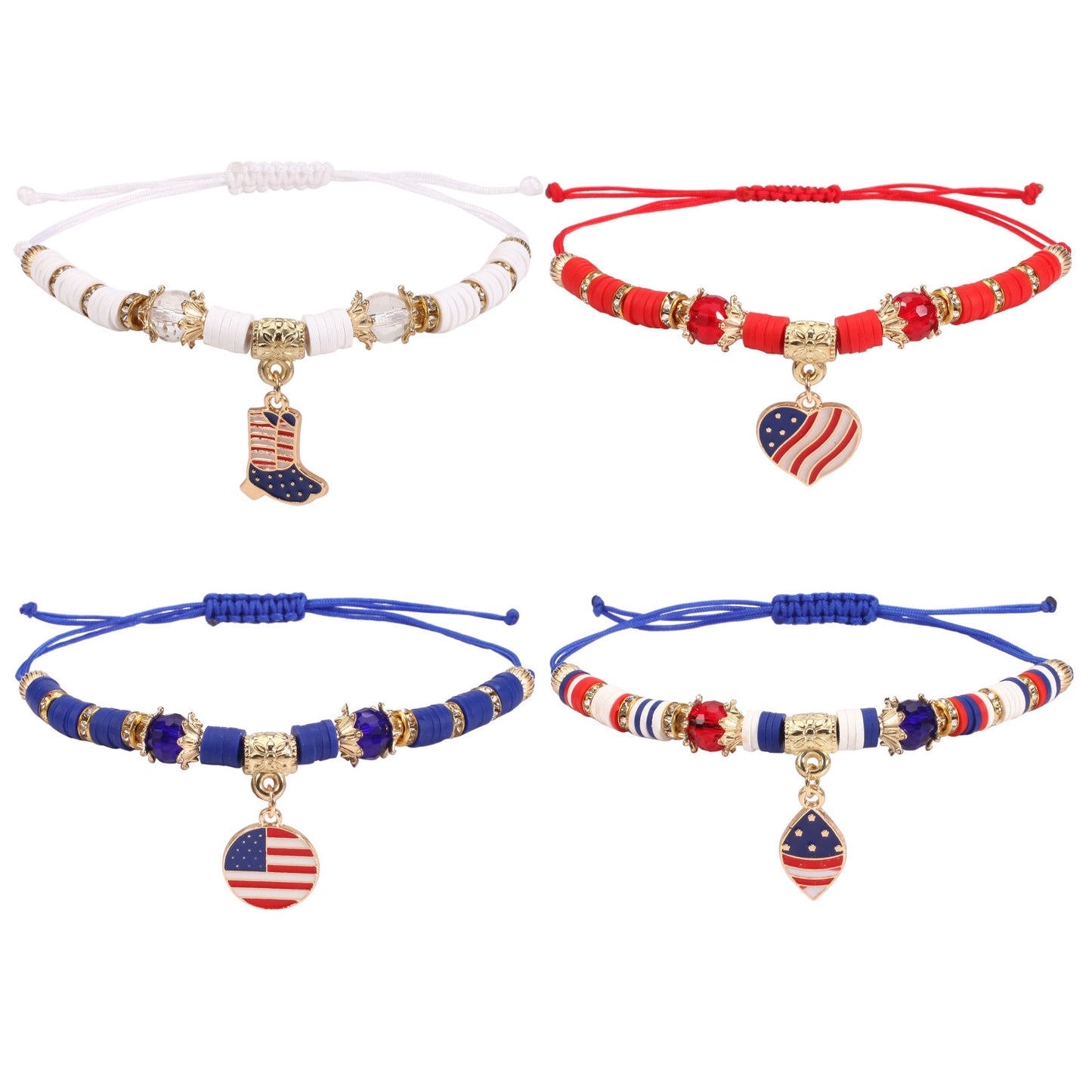 Patriotic American Flag Woven Adjustable Bracelet with Heart Star Butterfly Round Crystal Charms Red White Blue Unisex Jewelry