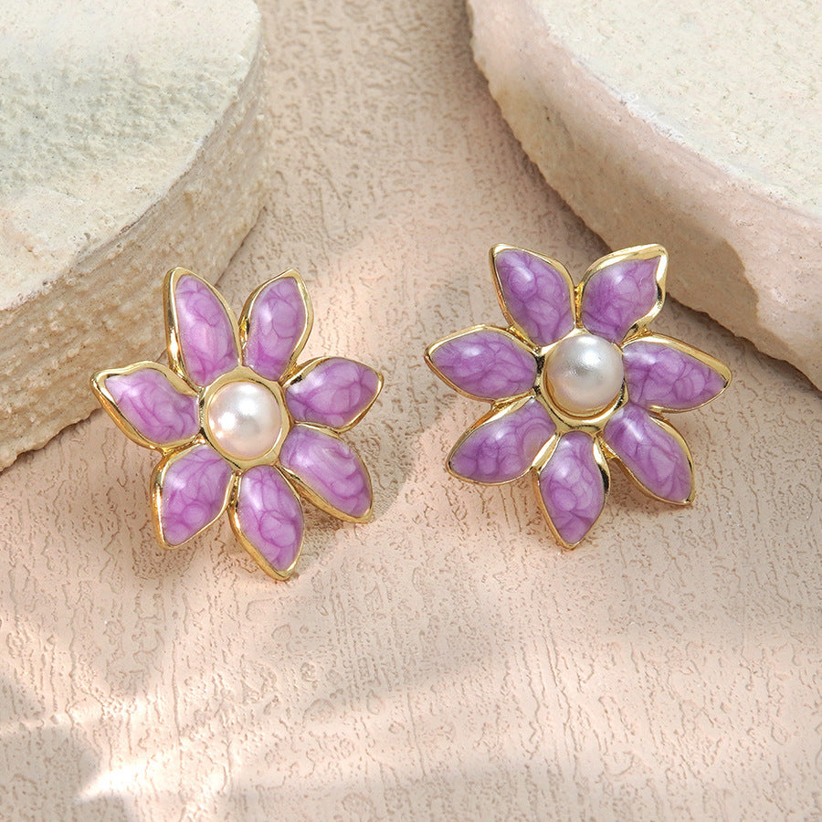 Vintage Elegant Drip Oil Floral Stainless Steel Pearl Stud Earrings