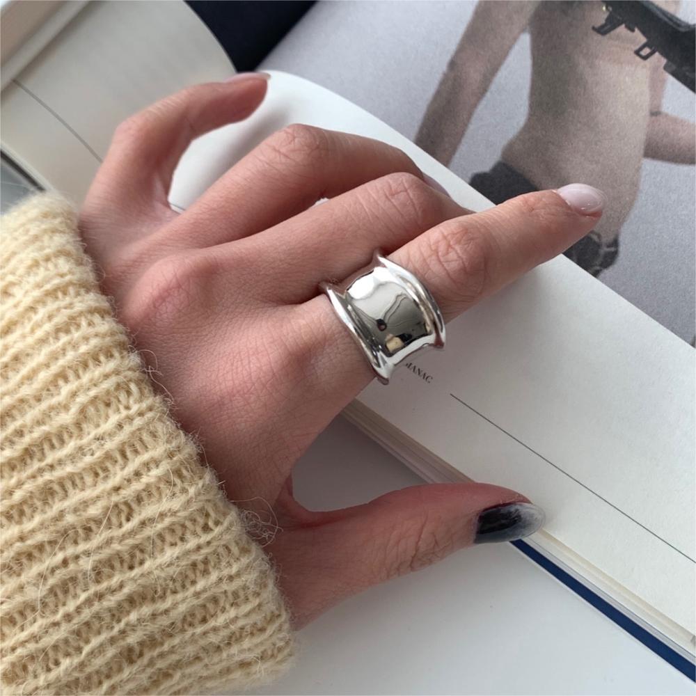Minimalist 925 Sterling Silver Geometric Heart Wide Band Ring for Women