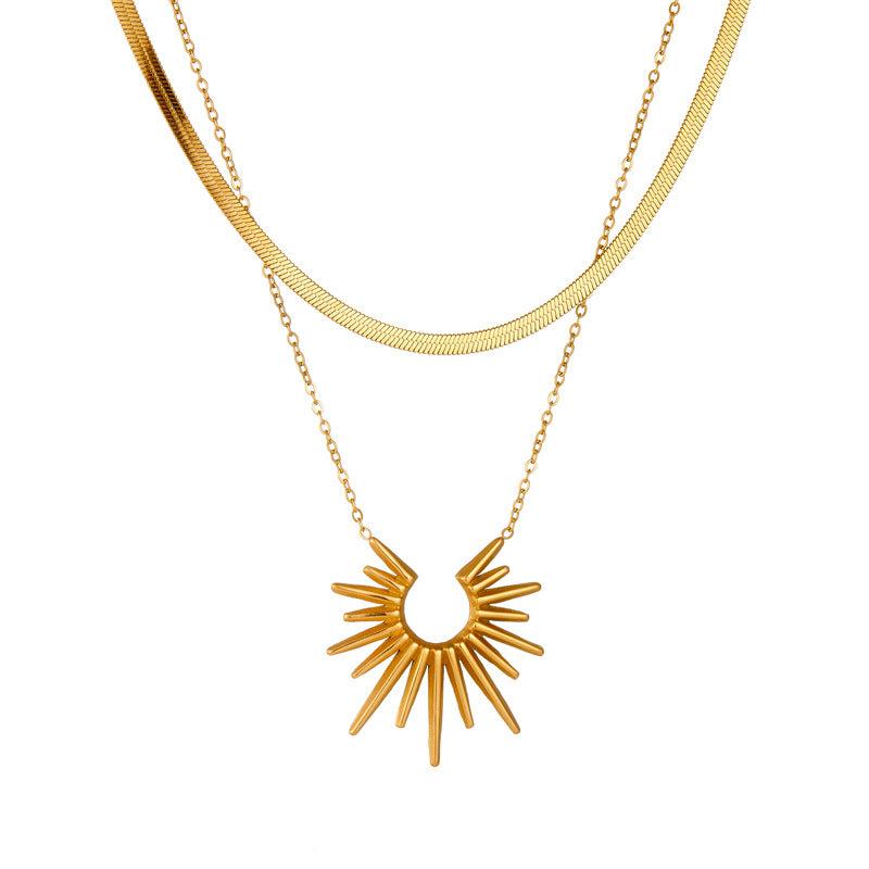 Vintage Stainless Steel Sunflower Pendant Necklace with Geometric Design for Women Double Layer Clavicle Chain