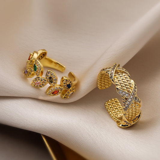 Minimalist Geometric Adjustable Ring for Women in Copper with 18K Gold Plating and Zircon Inlay