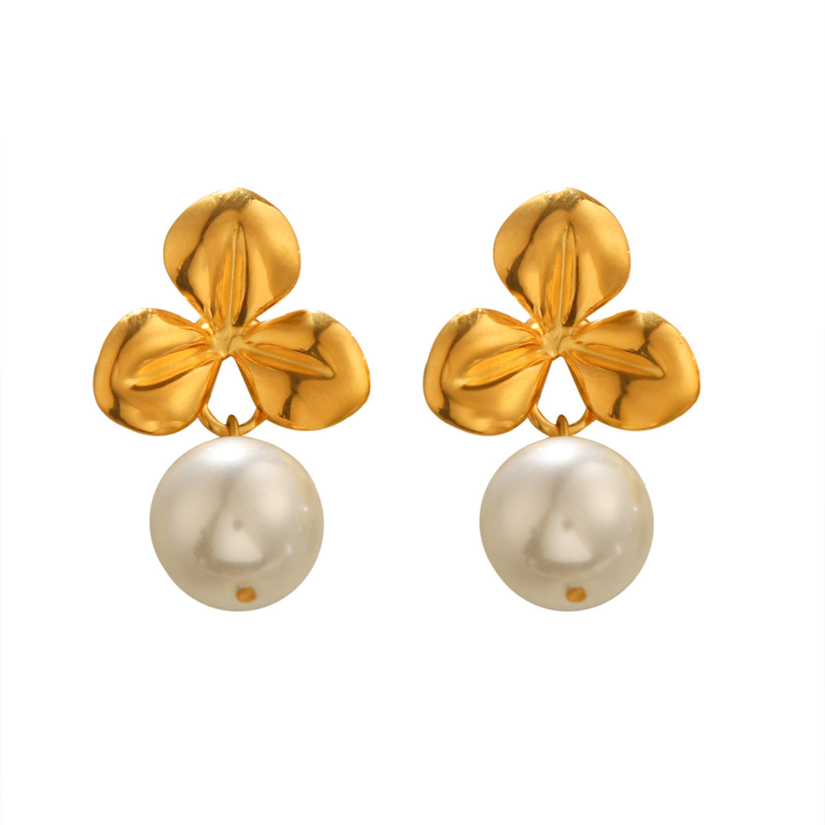 Vintage French Style 18K Gold Plated Stainless Steel Floral Geometric Pearl Stud Earrings for Women