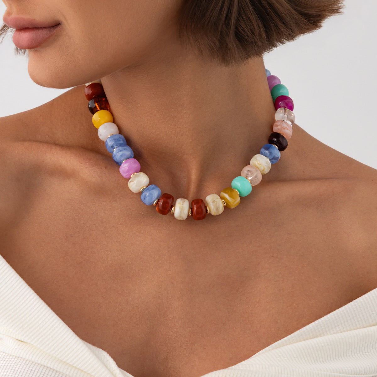 Bohemian Geometric Gradient Resin Plated Stainless Steel Ball Chain Necklace for Women