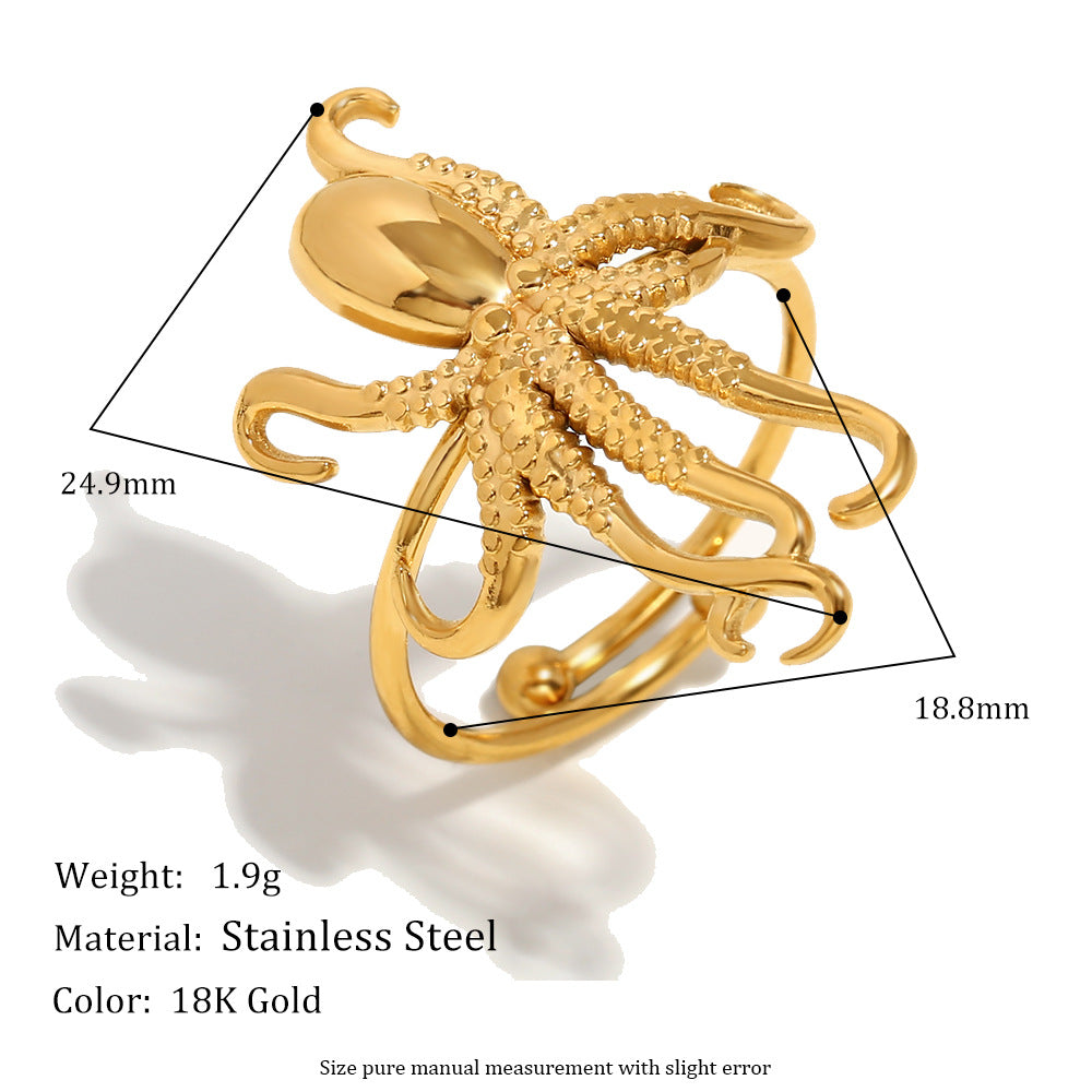 Unique Octopus Open Ring Stainless Steel 18K Gold Plated Geometric Design