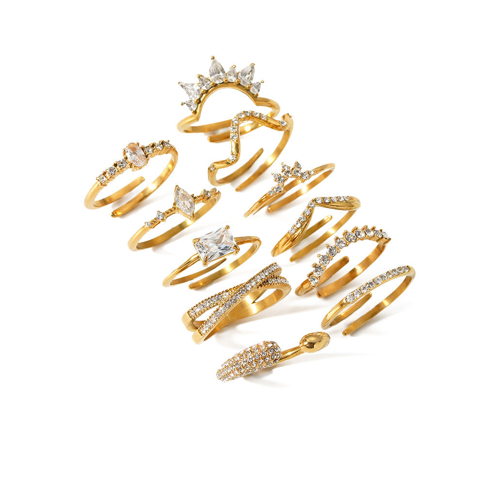 Anello Aperto da Donna in Acciaio al Titanio con Corona Irregolare e Zirconia Incastonata a Forma Geometrica, Stile Ins