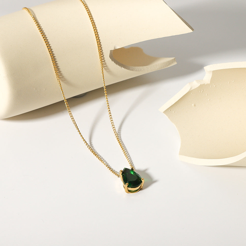 Minimalist Teardrop-Shaped Stainless Steel Necklace with 18K Gold Plating and Green Zircon Pendant for Women