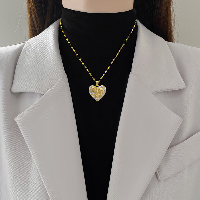 Minimalist Heart Rose Floral Pendant Necklace for Women Stainless Steel Snake Chain with Rhinestone Accents