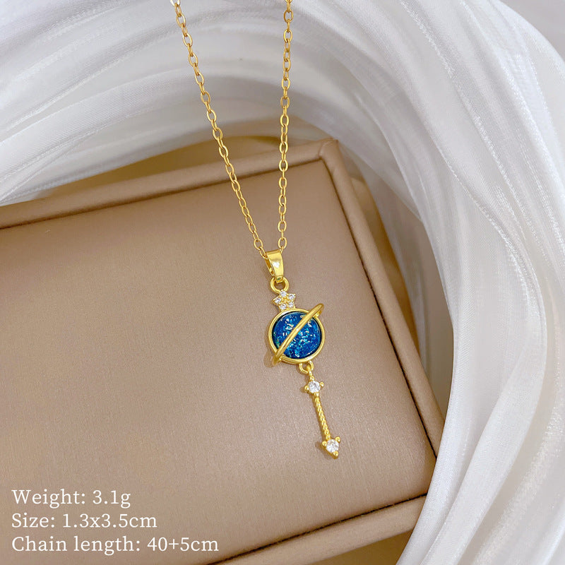 Sweet Minimalist Geometric Moon Star Rhinestone Titanium Steel Necklace for Unisex