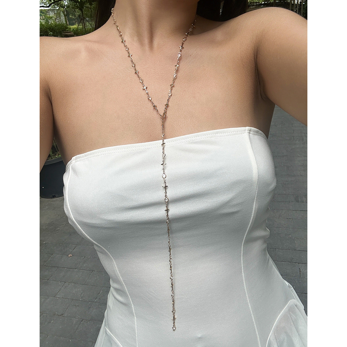 Sweet Geometric Brass Plated Necklace with Crystal Pendant for Women