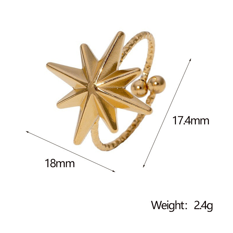Anello Minimalista con Stella a Otto Punte in Acciaio Inossidabile da Donna con Finitura Placcata e Fascia Aperta Regolabile