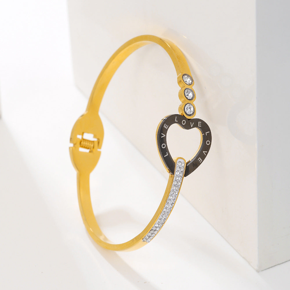 Hollow Rhinestone Drip Oil Heart Geometric Titanium Steel Bracelet Unisex